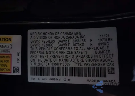 2025 Honda Civic Hybrid Sport/Sport Touring from USA, damaged, VIN 2HGFE4F83SH318565